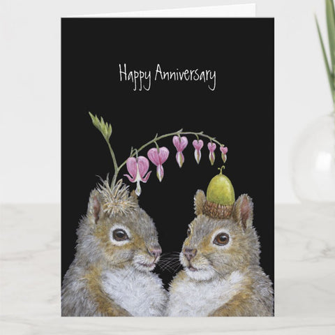 Happy Anniversary Greeting Card Squirrel Couple with Bleeding Hearts and Acorn, by Vicki Sawyer