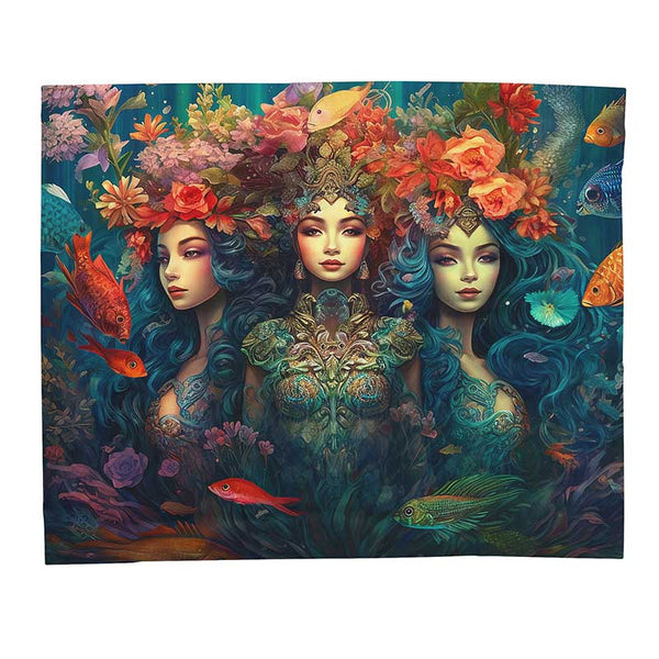 Trio of Water Goddesses, Mermaid, Sea Witch Design on Velveteen Plush Blanket 50x60"