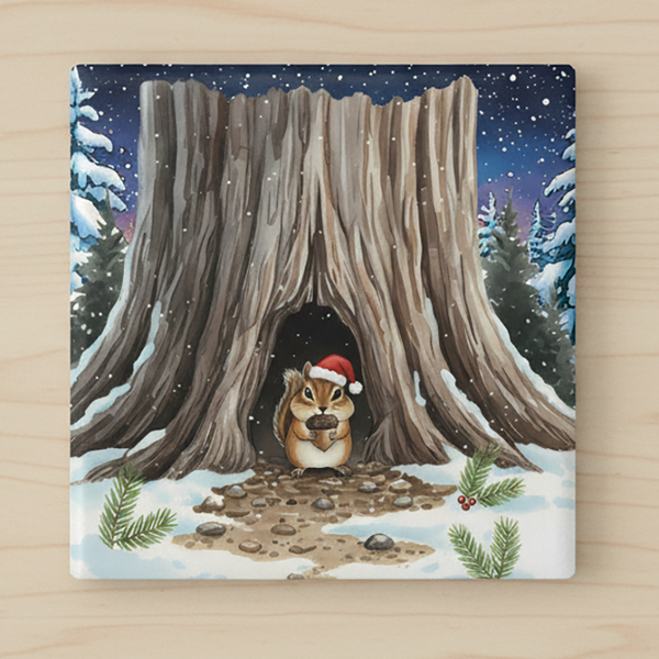 Christmas Chipmunk Ceramic Coaster, 4-inch Square, Qty 1