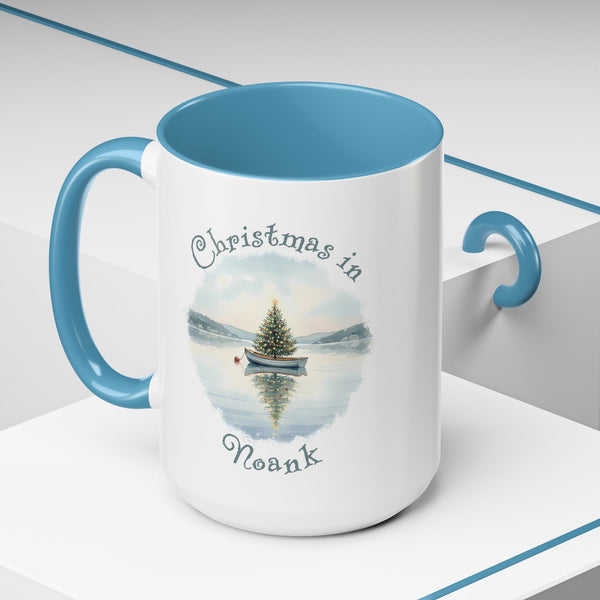 Christmas in Noank, CT Accent Coffee Mug  - Dinghy Boat with Xmas Tree in Harbor, Local's Gift