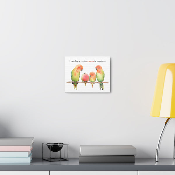 Lovebird Parents and Baby Watching Mango Hatching on a Branch - Funny Canvas Gallery Wraps