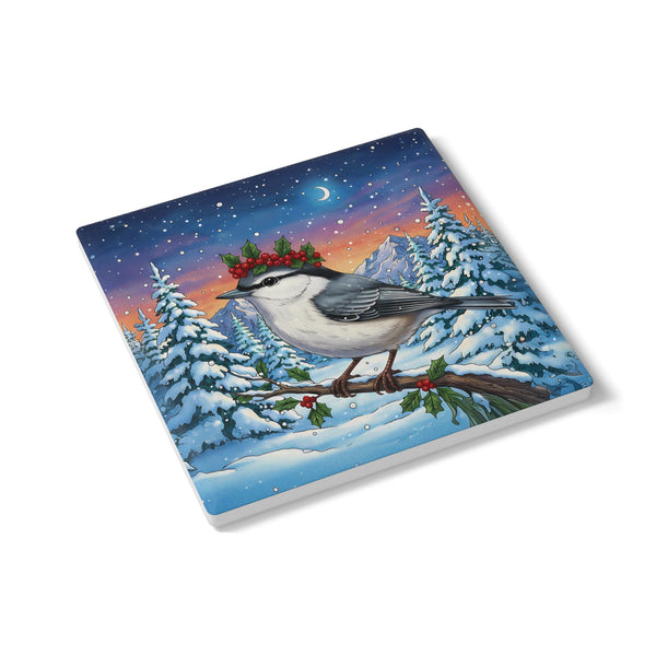 Nuthatch with Holly Berry with Crown Ceramic Coaster, Holiday Home Decor, Farmhouse Kitchen, Birds With Hats Lover Christmas Gift