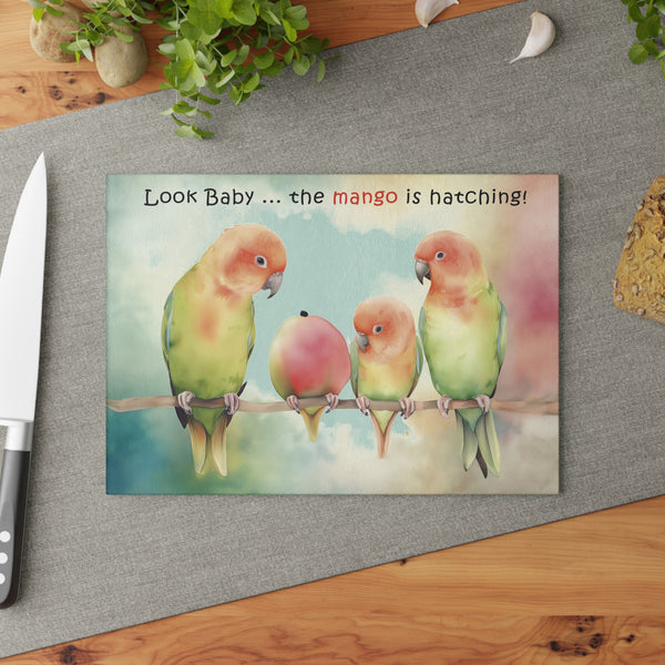 Lovebird Parents and Baby Watching Mango Hatching on a Branch - Funny Tempered Glass Cutting Boards (2 sizes)