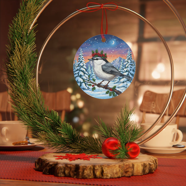 Nuthatch with Holly Berry Crown in a Winter Wonderland Scene Hanging Metal Christmas Tree Ornament