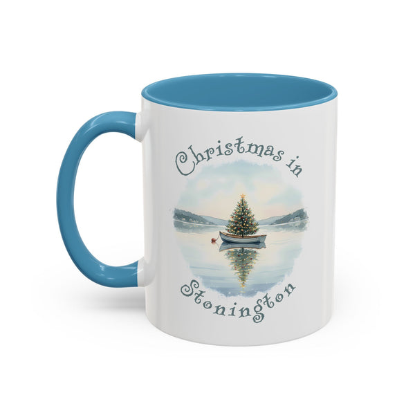 Christmas in Stonington, CT Accent Coffee Mug  - Dinghy Boat with Xmas Tree in Harbor, Local's Gift