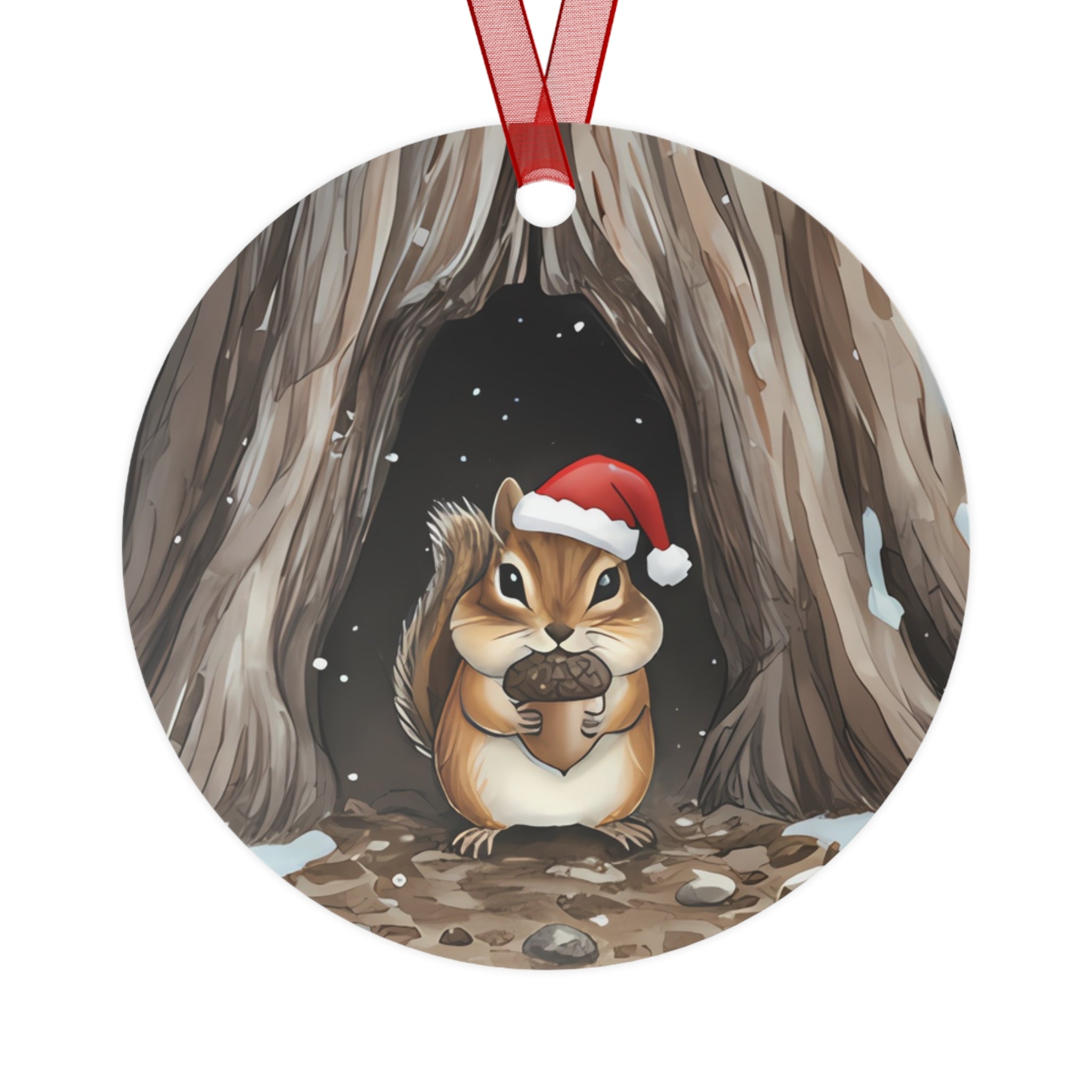 Christmas Chipmunk with a Red Holiday Hat in a Winter Tree Stump, Hanging Metal Tree Ornament