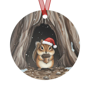 Christmas Chipmunk with a Red Holiday Hat in a Winter Tree Stump, Hanging Metal Tree Ornament