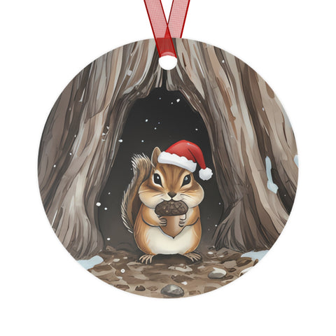 Christmas Chipmunk with a Red Holiday Hat in a Winter Tree Stump, Hanging Metal Tree Ornament