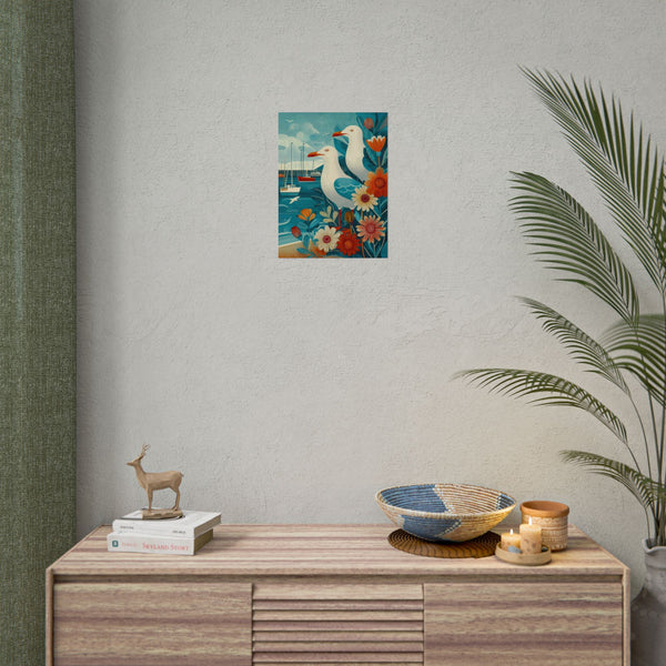 Coastal Seagull Art Print Poster, Nautical Room Decor, Beach House Wall Art, Gift for Bird Lovers, Vintage Inspired Illustration, 3 sizes