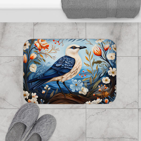 Seagull Bird and Flowers Folk Art Coastal Bath or Bedside Mat