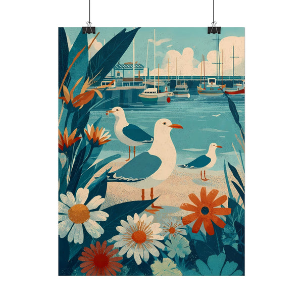 Three Coastal Seagulls and Marina Art Poster, Nautical Decor, Beach House Wall Art, Gift for Bird Lovers, Vintage Inspired Illustration