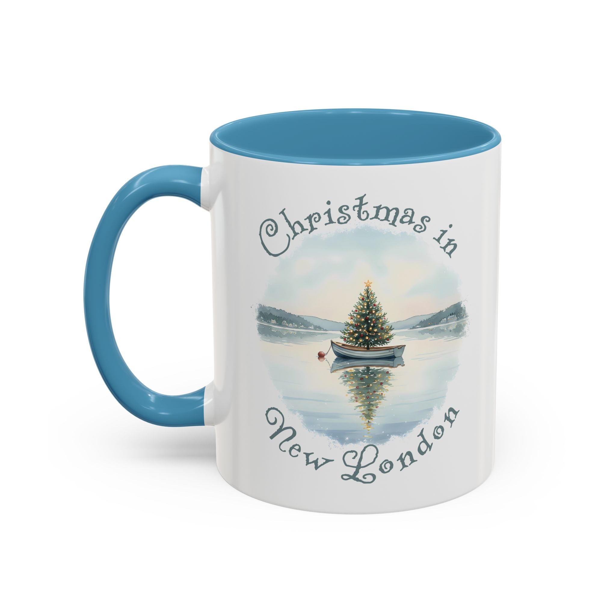 Christmas in New London, CT Accent Coffee Mug  - Dinghy Boat with Xmas Tree in Harbor, Local's Gift