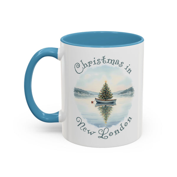 Christmas in New London, CT Accent Coffee Mug  - Dinghy Boat with Xmas Tree in Harbor, Local's Gift