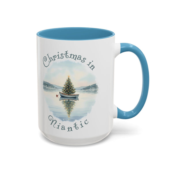 Christmas in Niantic, CT Accent Coffee Mug  - Dinghy Boat with Xmas Tree in Harbor, Local's Gift