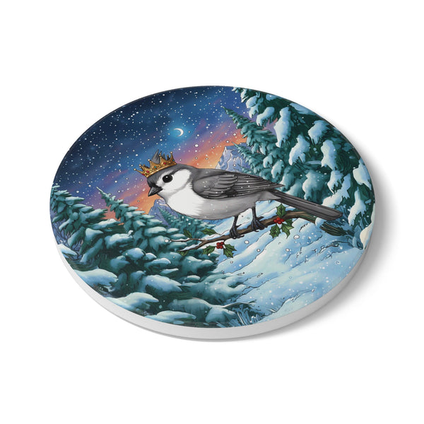 Titmouse with Crown Ceramic Coaster, Holiday Home Decor, Birds with Hats, Farmhouse Kitchen Christmas Gift