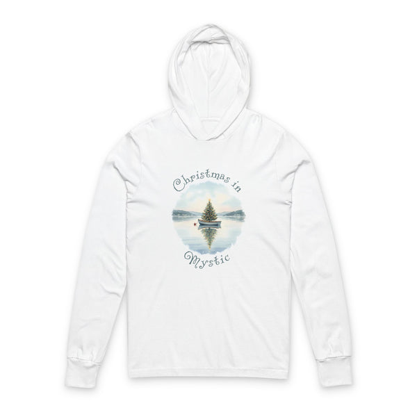 Hooded Long Sleeve Tee — Christmas in Mystic, Dinghy Boat with Xmas Tree in Harbor, Local's Gift