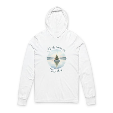 Hooded Long Sleeve Tee — Christmas in Mystic, Dinghy Boat with Xmas Tree in Harbor, Local's Gift