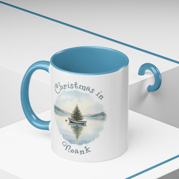 Christmas in Noank, CT Accent Coffee Mug  - Dinghy Boat with Xmas Tree in Harbor, Local's Gift