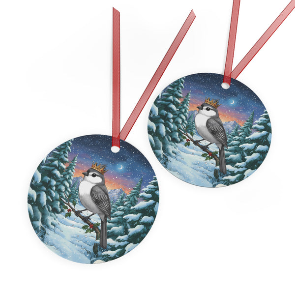 Titmouse with Jeweled Gold Crown in a Winter Wonderland Scene Hanging Metal Christmas Tree Ornament