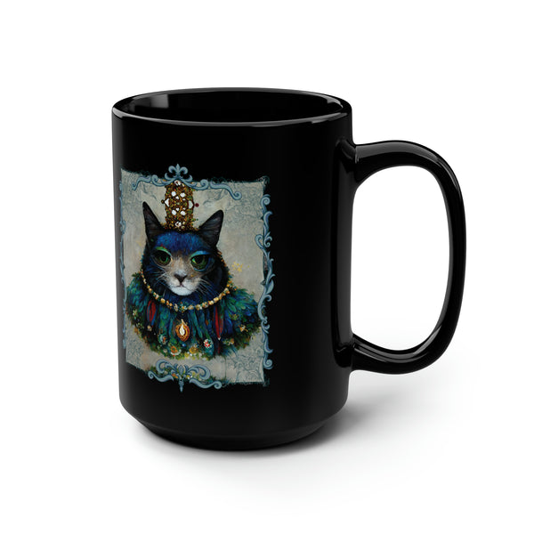 King of Castle Cat Royalty With Crown Jewels and Peacock Feathers Costume, Cat Portrait Black Mug, 15 oz