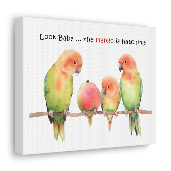 Lovebird Parents and Baby Watching Mango Hatching on a Branch - Funny Canvas Gallery Wraps