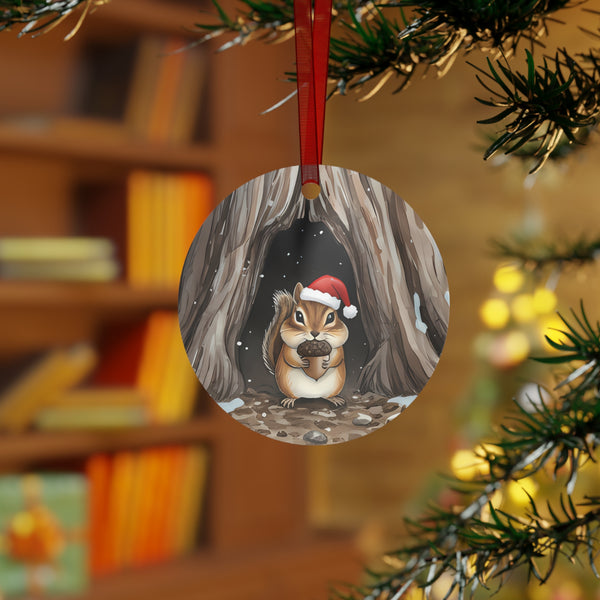 Christmas Chipmunk with a Red Holiday Hat in a Winter Tree Stump, Hanging Metal Tree Ornament