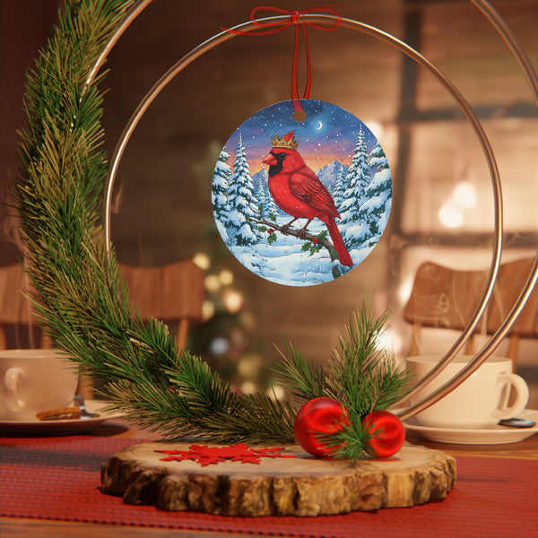 Cardinal With Jeweled Gold Crown in a Winter Wonderland Scene, Hanging Metal Christmas Tree Ornament
