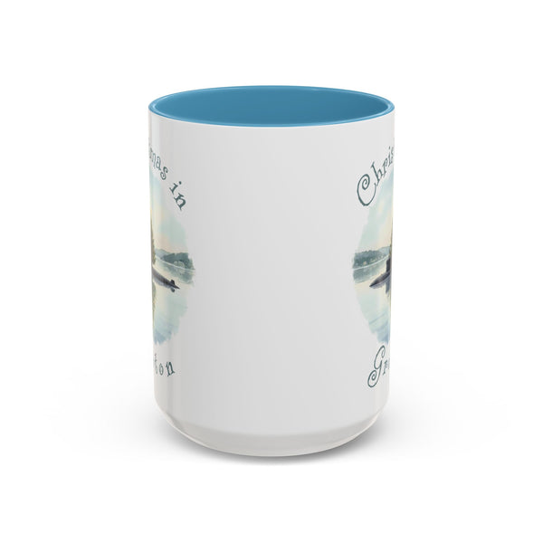 Christmas in Groton, CT Accent Coffee Mug  - Submarine with Xmas Tree in Harbor, Local's Gift