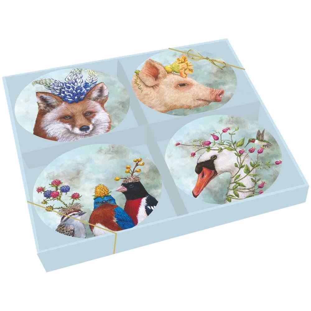 Beatrice and Friends, 4-pack, 7-inch Round Appetizer Plates, New Bone China - Artwork by Vicki Sawyer
