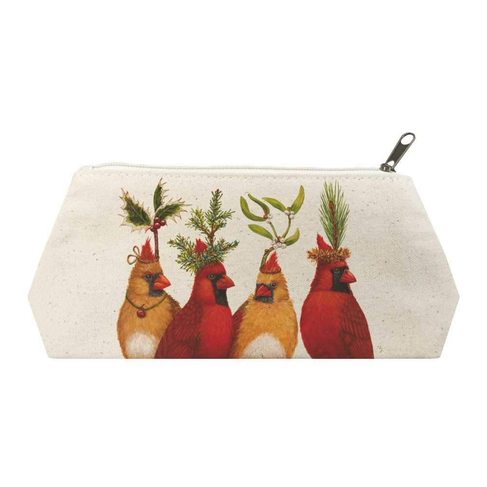 "Holiday Party" Canvas Cosmetic Bag with Cardinal Bird Artwork by Vicki Sawyer