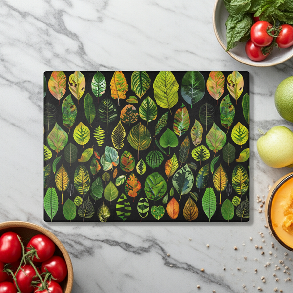 Glass Cutting Board With Collage of Plant Leaves - 2 Sizes