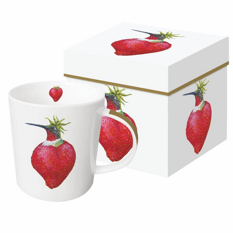 Marion - Hummingbird and Strawberry Birds with Hats Gift-Boxed Mug - Artwork by Vicki Sawyer