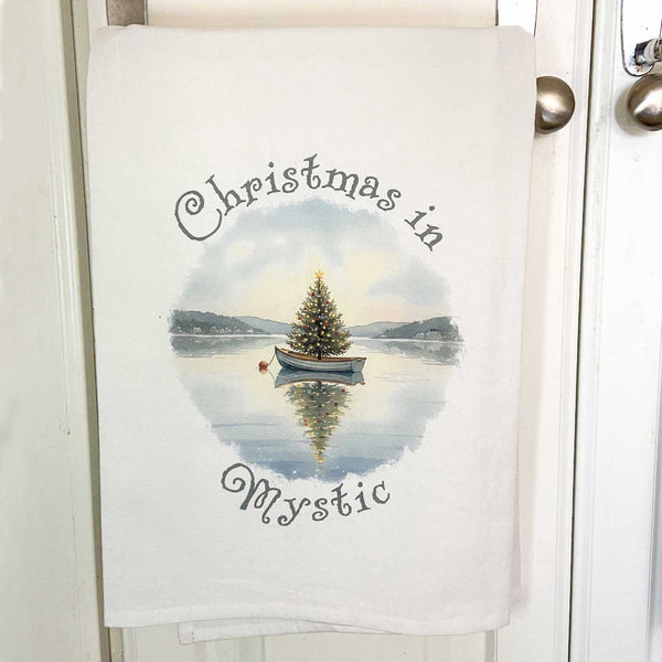 Christmas in Mystic Flour Sack Kitchen Towel, Floating Xmas Tree in Boat