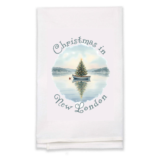 Christmas in New London, CT Flour Sack Kitchen Towel, Floating Xmas Tree in Boat