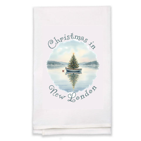 Christmas in New London, CT Flour Sack Kitchen Towel, Floating Xmas Tree in Boat