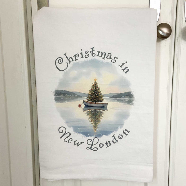 Christmas in New London, CT Flour Sack Kitchen Towel, Floating Xmas Tree in Boat
