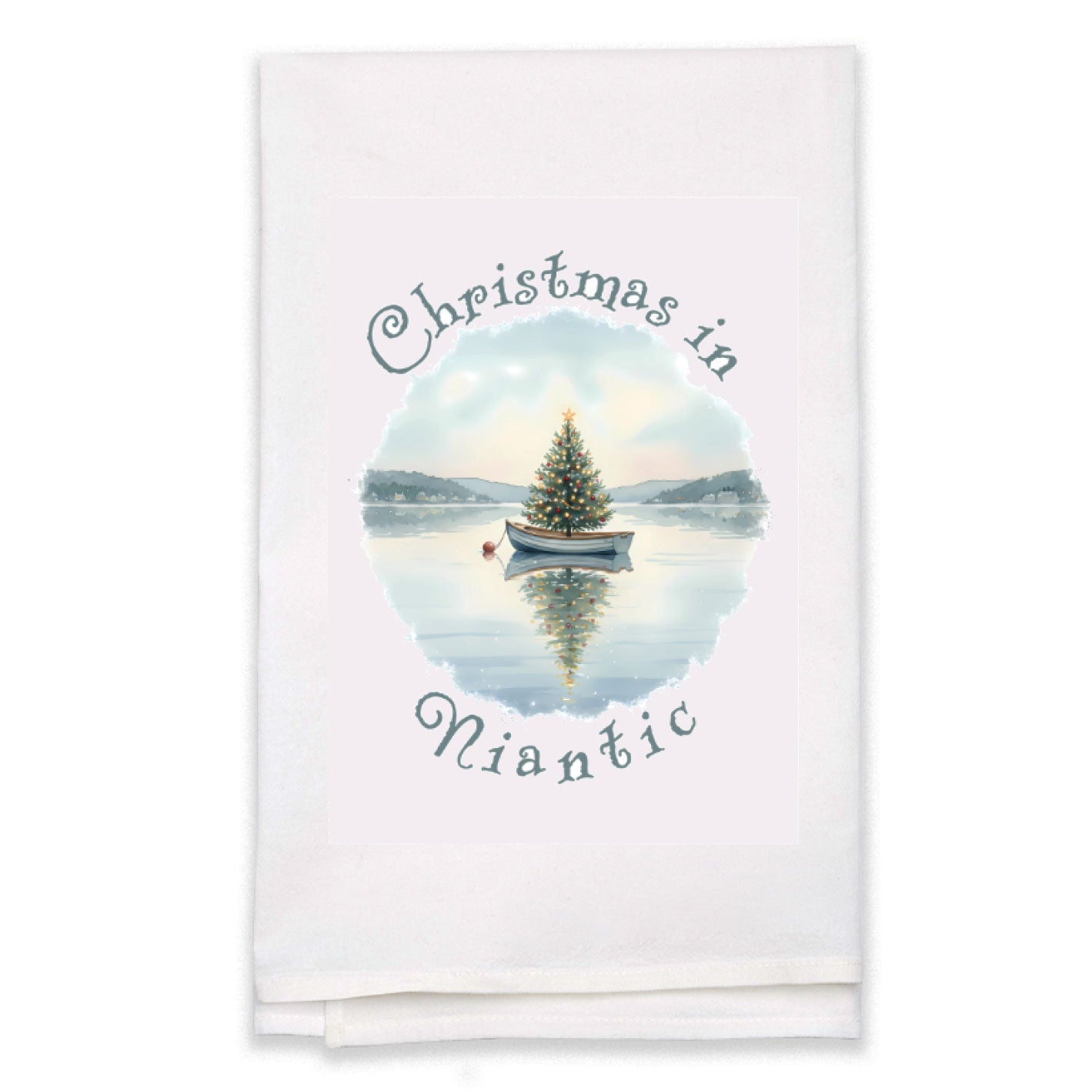 Christmas in Niantic Flour Sack Kitchen Towel, Floating Xmas Tree in Boat