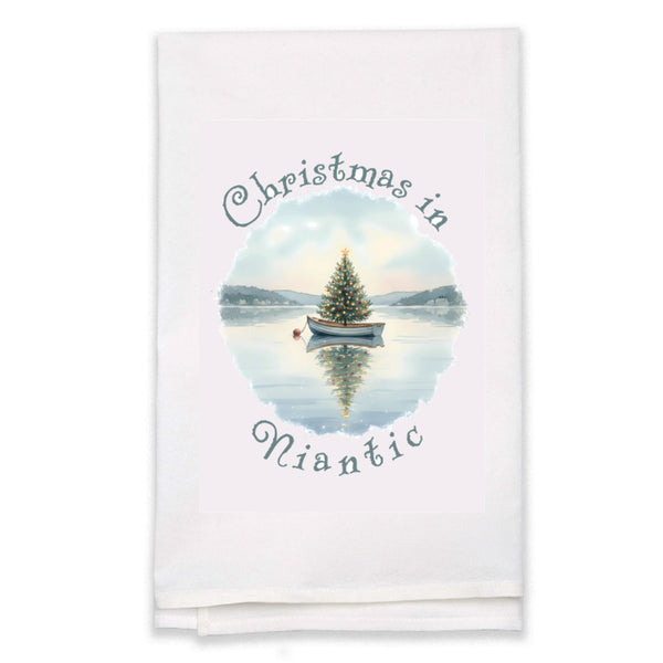 Christmas in Niantic Flour Sack Kitchen Towel, Floating Xmas Tree in Boat
