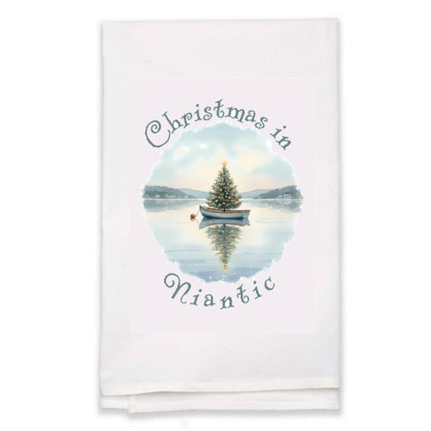 Christmas in Niantic Flour Sack Kitchen Towel, Floating Xmas Tree in Boat