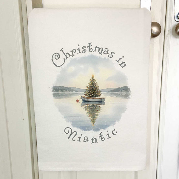 Christmas in Niantic Flour Sack Kitchen Towel, Floating Xmas Tree in Boat