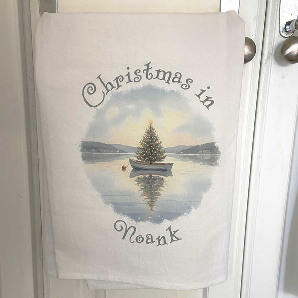 Christmas in Noank Flour Sack Kitchen Towel, Floating Xmas Tree in Boat