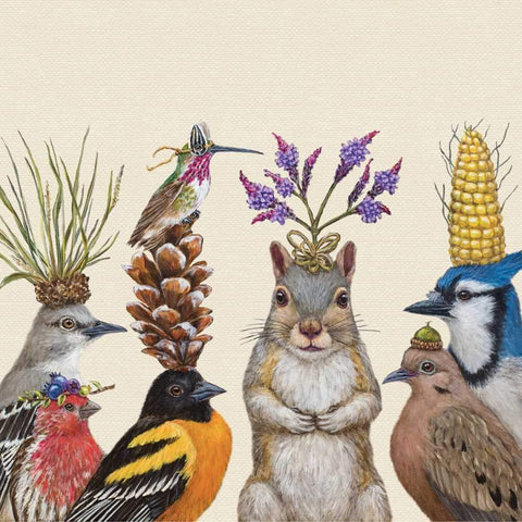 Party Snacks - Squirrel and Birds Wearing Hats Beverage Napkins with Artwork by Vicki Sawyer
