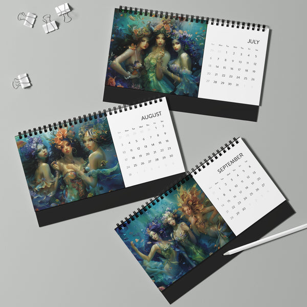2025 Goddess Desktop Calendar with Spiral Binding, Dreamy Water Goddesses, Mermaidcore, Fairycore, Beautiful Underwater Fantasy Gift for Her
