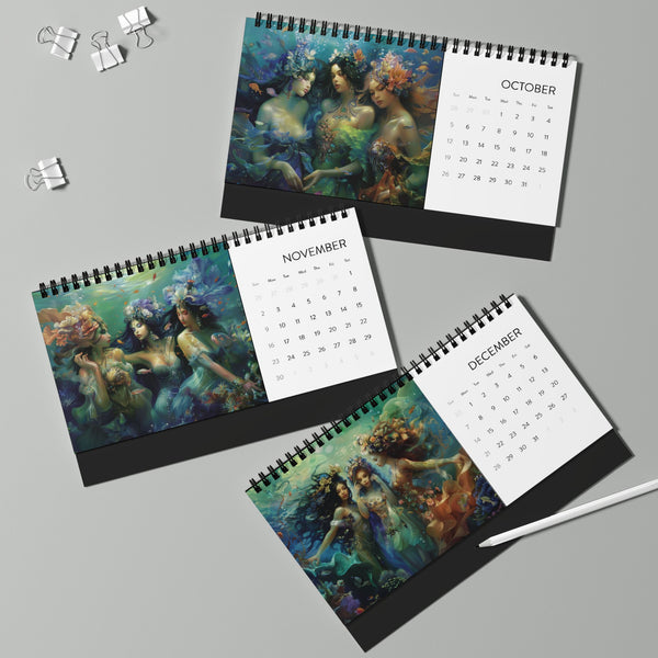 2025 Goddess Desktop Calendar with Spiral Binding, Dreamy Water Goddesses, Mermaidcore, Fairycore, Beautiful Underwater Fantasy Gift for Her