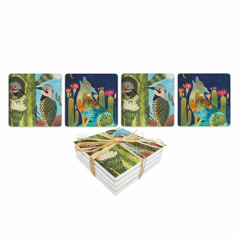 Southwest Mesa Colorful Cactus and Woodpeckers Dolomite Beverage Coaster Set of 4
