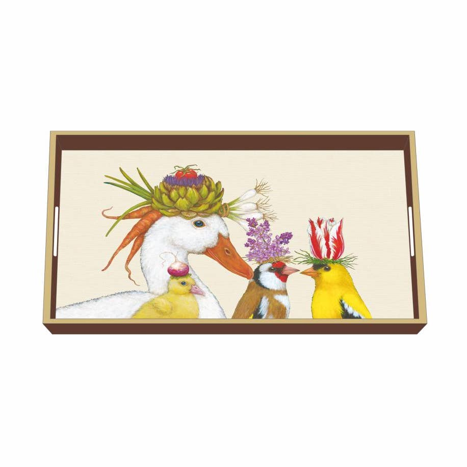 Garden Romance - Duck, Duckling and Goldfinches, Birds with Hats, Wooden Vanity Tray