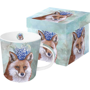 Beatrice Fox with Floral Headpiece Hat, Whimsical Gift-Boxed Mug - Artwork by Vicki Sawyer