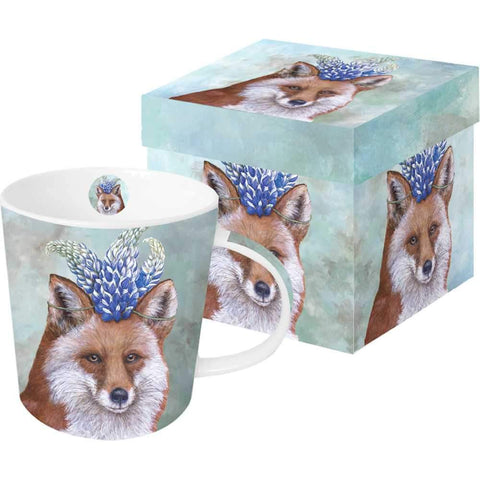 Beatrice Fox with Floral Headpiece Hat, Whimsical Gift-Boxed Mug - Artwork by Vicki Sawyer