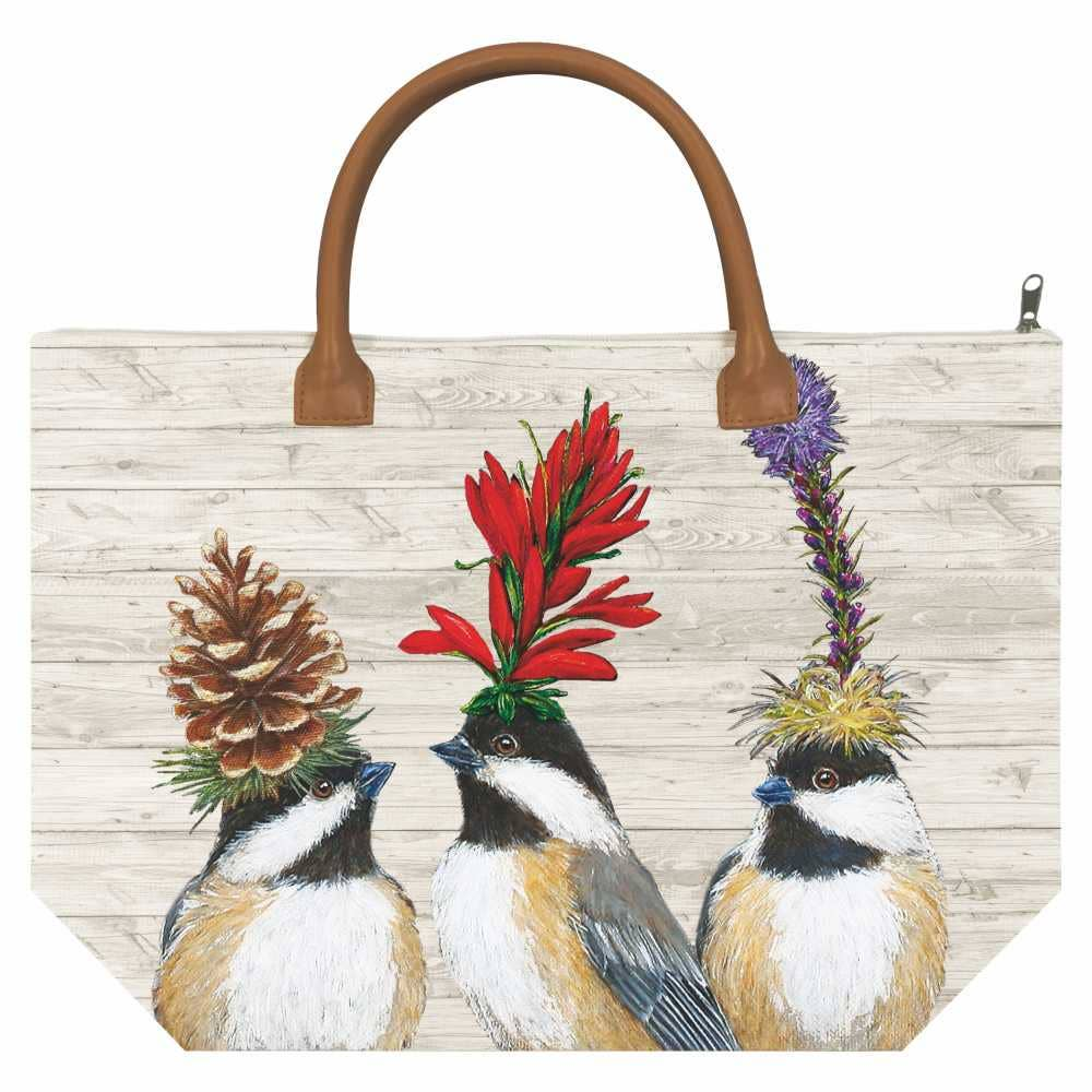 "Chickadee Sisters" Large Canvas Tote Bag with Black-capped Chickadee Bird Artwork by Vicki Sawyer