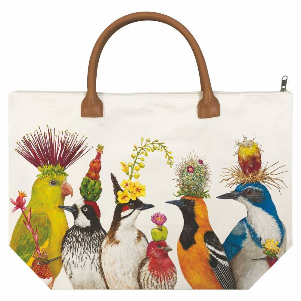 "The Entourage" Large Canvas Tote Bag with Bird Artwork by Vicki Sawyer